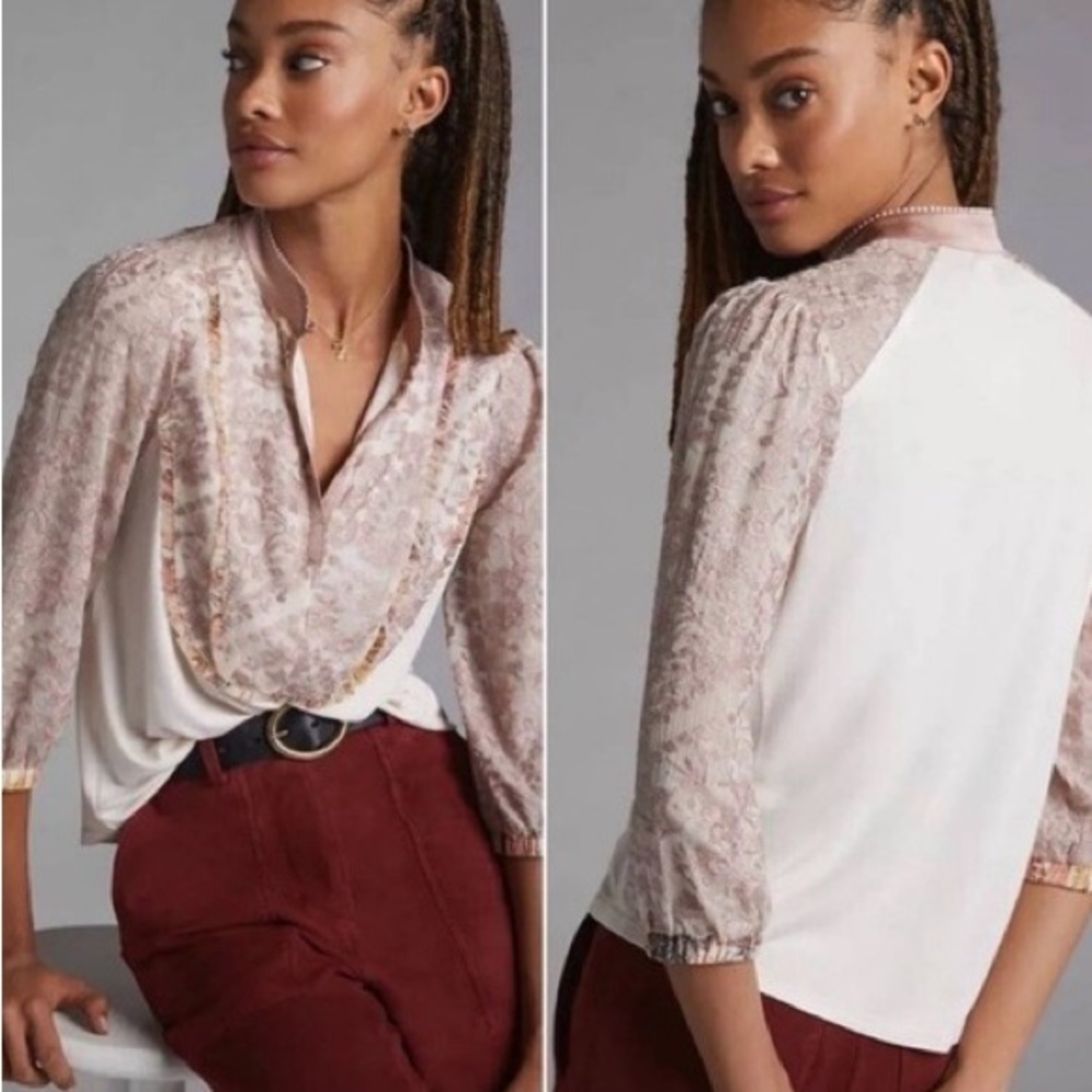 Anthropologie TINY Embroidered Lace Long Sleeve Top Medium – Boho Romantic Sheer